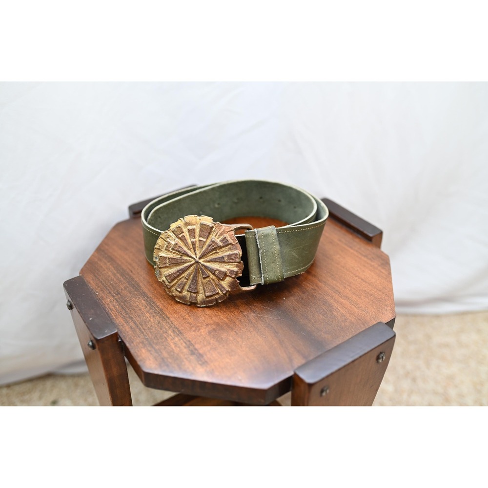 Vintage Green Leather Belt Gold Statement Medallion Buckle 80s Sage 35 Inch